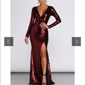 Red sequin long sleeve low cut evening gown
